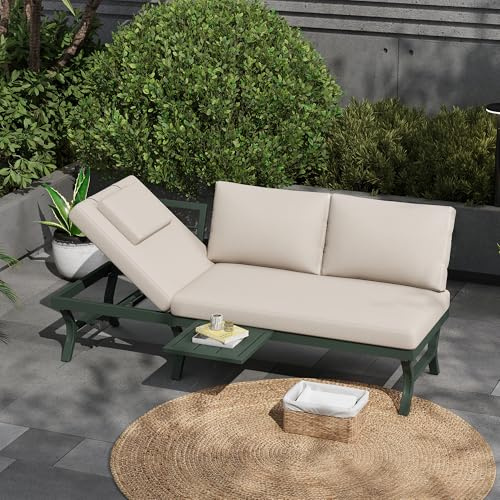 Merax Gartenmöbel-Set 3-Sitzer Outdoorsofa, 5-Fach verstellbare Rückenlehne bis 55°, Liegefunktion mit Kopfstütze, einhängbare Tischablage, verzinktes Stahlrohr, Balkon Terrasse Garten, Beige+Grün