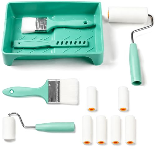 12Pcs Mini Paint Roller Kit Multiple Sizes Foam Paint Rollers Set | Stirring Stick Frame Brush House Painting Renovation Repairing Furniture Cabinets Mint Green