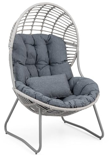 LIFEZEAL Rattansessel Outdoor, Rattan Gartensessel mit Kissen, Korbsessel in Muschelform, Eierstuhl mit Metallrahmen & verstellbaren Füßen, Loungesessel für Garten, Balkon, Terrasse