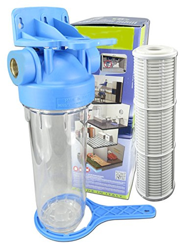 FILTROTECH Pumpenvorfilter 10 Zoll, 1 Zoll Innengewinde, 150 Mikron | Waschbarer Filtereinsatz, transparenter Filtertopf aus ABS, Messinggewinde, inkl. Filterschlüssel und Wandhalterung