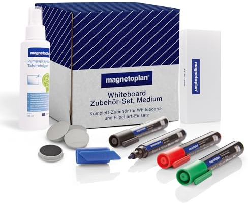 magnetoplan Whiteboard Zubehör-Set, Medium | Praktisches Set für Präsentationen | Inkl. Whiteboard Marker, Reiniger, Tafellöscher und Magnete | Perfekt für Büro, Schule und Zuhause | Inkl. Whiteboard Marker, Reiniger, Tafellöscher und Magnete | Perfekt für Büro, Schule und Zuhause