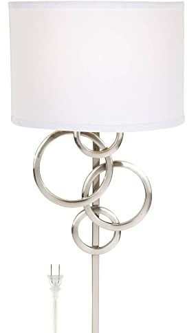 Possini Euro Design Circles Modern Indoor Wall Mount Lamp Brushed Nickel Silver Plug-in Light Fixture Off White Cotton Half Shade for Bedroom Bedside House Reading Living Room Home Hallway Dining