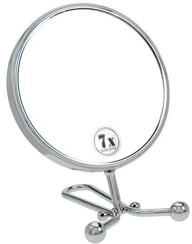 Fantasia Hand- und Standspiegel mit Griff/Ständer, Ø 15cm, Silber | zweiseitig, normal und 7-fache Vergrößerung, Länge: 29cm