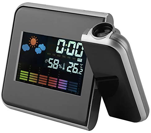 AUNMAS Kunststoff-Wetterprojektor, 15 * 11 * 2cm AAA*2 5V Stromversorgung Digital LED Wettervorhersage Projektor Kalender Luftfeuchtigkeitsanzeige Projektionswecker für Schlafzimmer (Schwarz)