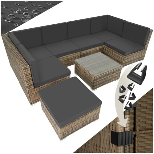 tectake Salon de Jardin en Rotin Salon de Jardin Modulable Confortable, Lounge en rotin, Meubles de Jardin, Canapé Ensemble: 6 Fauteuil 1 Tabouret Pouf 1 Table - Marron Naturel