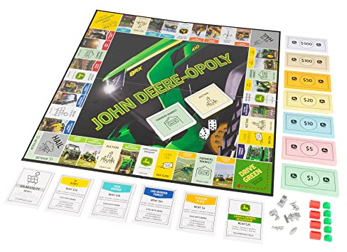 John Deere Opoly Brettspiel, Familienspiele, Spaß für Erwachsene und Kinder, Familien-Kinder-Brettspiel, geeignet für Kinder ab 8 Jahren