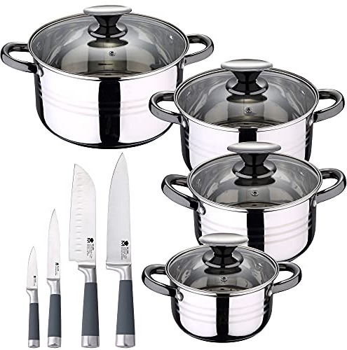 SAN IGNACIO Hita batterie de cuisine à induction en acier inoxydable de 8 pièces avec jeu de 4 couteaux de cuisine San Ignacio