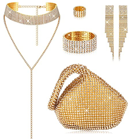 Kakonia 6 teiliges Damen-Kristall-Schmuck-Set, Strass-Halskette, Stretch-Armreif, Ring, Fransen, Ohrringe, Dreieck, Glitzer, Bling, Geldbörse für Braut, Hochzeit, Party