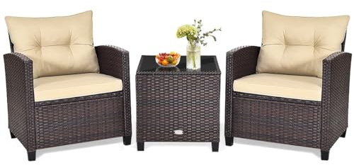 HAPPYGRILL 3 Pieces Patio Conversation Set, Outdoor Furniture Set PE Rattan Sofa Set with Removable Cushions, PE Wicker Chairs with Tempered Glass Side Table for Porch Lawn Garden Balcony Backyard
