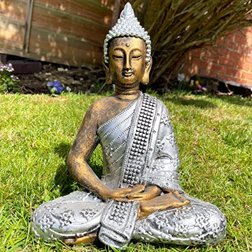 Darthome Garden Buddha Statue Cement Silver Gold Outdoor Sitting Zen Buddhist Sculpture 31cm