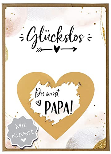 Joli Coon Rubbelkarte Du wirst Papa, mit Kuvert, Schwangerschaft verkünden | 350g Designerpapier, fühlbare UV-Lack-Veredelung, naturfarbenes Steckkuvert mit goldenem Herz, zur Schwangerschaftsverkündung