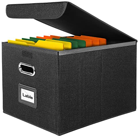 Okydoky Boîte de rangement noire, moderne, fonctionnelle, minimaliste, pliable en lin avec glissière en plastique, convient aux dossiers de format lettre et juridique, 1P