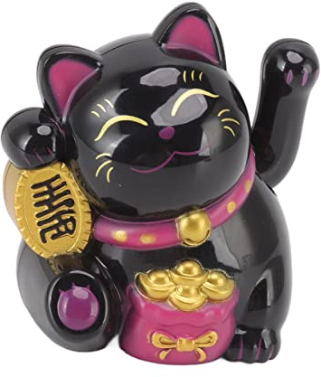 Solar Powered Waving Cat, Chinese Wealth Lucky Cat Waving Arm Solar Fortune Cat Statue, Beckoning Waving Arm Fortune Lucky Cat for Decorating Front Desk Car Business Openings (Sit Sideways Black)