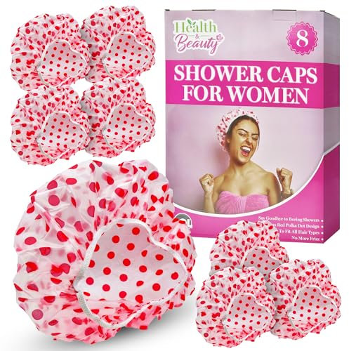 SOL 8pk Shower Caps for Women UK, Red Polka Dot Design, Waterproof Reusable & Large Disposable Bath Hat Men, Durable Plastic, Travel-Friendly, Stretchable Elastic for Long Hair Ladies