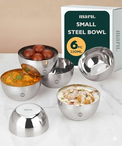 MARU Apple Shape Stainless Steel Katori Set of 6-220 ml Each, Small Bowls for Kitchen and Serving, Durable Steel Bowl Set of 6, Ideal Stainless Steel Bowls for Kitchen