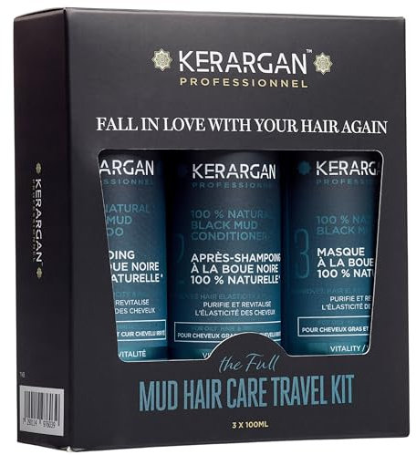 Kerargan - Kit Viaje Revitalizante con Barro Negro del Mar Muerto para Cabello Graso y Cuero Cabelludo Irritado - Champú, Acondicionador, Máscara - Purifica y Revitaliza - Sin Sulfato, GMO - 3x100ml