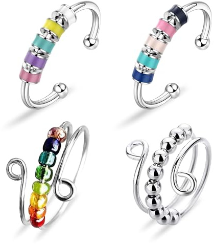 Yeefunjoy Anelli antistress regolabili, smaltati con perline, 4 pezzi, regalo