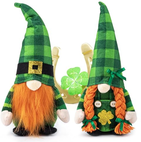 AinDen St Patricks Day Gnomes Decor: Saint Patrick's Day Leprechaun Plush Decorations for Home, Irish Stuffed Gnome Doll with Green Felt Shamrock Table Decor for Party, Tiered Tray Elf Toy