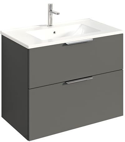 Bernstein Badmöbel-Set Tim 80cm Waschbeckenunterschrank mit Waschtisch, Unterschrank in Anthrazit matt, Griffe in Chrom,Keramik-Waschbecken vormontierter Unterschrank, feuchtigkeitsresistent