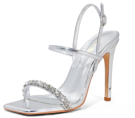 GENSHUO Sandali con Tacco da Donna 11CM con Punta Aperta Quadrata e Cinturino alla Caviglia, Tacco a Spillo Alto, Sandali da Cerimonia per Matrimonio e Festa, Argento e strass, 38 EU