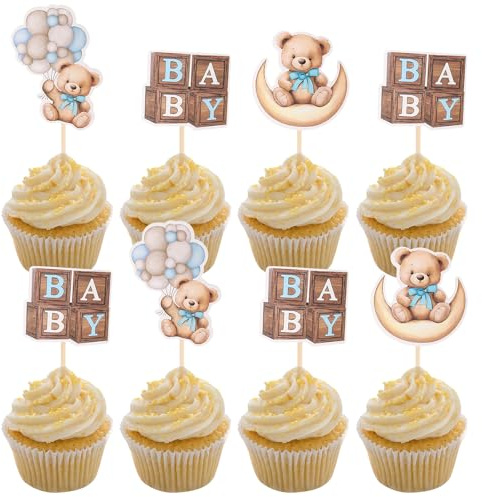 Lot de 36 décorations de cupcakes sur le thème de l'ours - Décorations de gâteaux pour fête prénatale - Pour enfants, garçons et filles