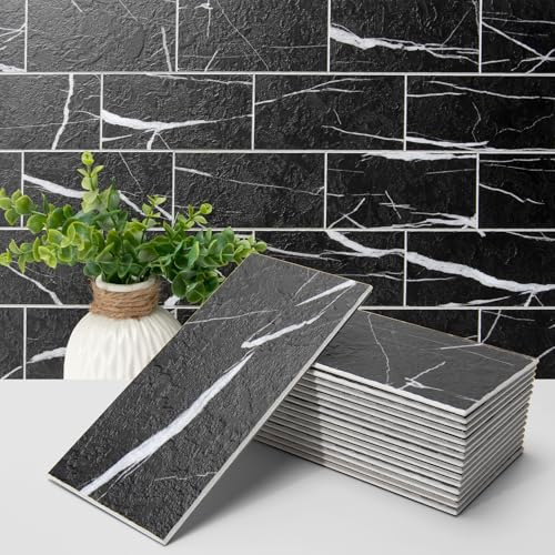 Art3d 102-Piece Faux Stone Peel and Stick Backsplash Tile, Waterproof Thick PVC Stick On Subway Wall Tile for Kitchen Bathroom Laundry Room Fireplace - 3 x 6 Black Marble