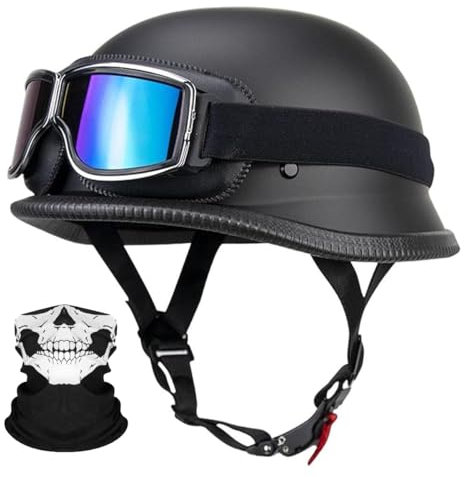 RQTEUYE German Style Motorcycle Retro Half Helmet ECE Approved, Vintage Open Face Motorbike Helmet with Adjustable Quick Release Buckle for Chopper Cruiser Street Scooter (22.4-25.2in)
