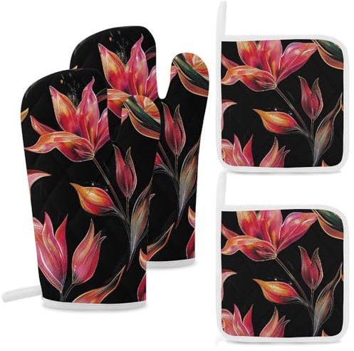 Lot de 4 gants de cuisine et maniques résistants à la chaleur antidérapants Motif fleurs rouges