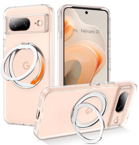 Telaso for Google Pixel 8 Case with Magnetic 360° Rotatable Ring Stand, [Compatible with MagSafe] Slim Shockproof Protective Phone Cases for Google Pixel 8 6.2, Clear