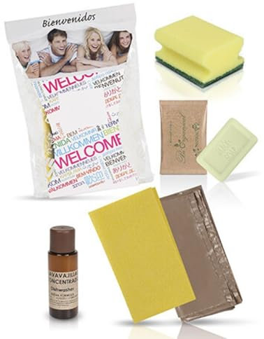 INTERCABO Kit Limpieza Bio para Alojamientos Turísticos – 50 Unidades con Bayeta Amarilla, Esponja Salvauñas, Lavavajillas Ecológico 30ml, Jabón de Manos Bio 10g y Bolsa de Basura – Hecho en España