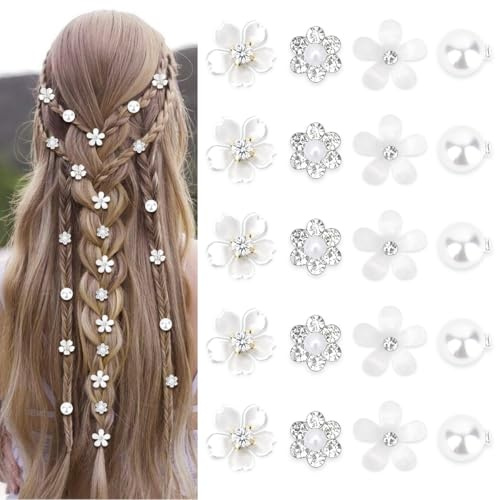 Cadimus Lot de 20 Mini Pinces à Cheveux Blanches en Forme de Fleur,Petites Pinces Épingles à Cheveux en Métal avec Strass,Mini Barrette Fleur,Barrette de Mariage pour Femmes et Filles