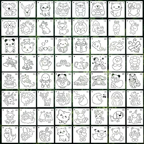 OOTSR 64 Stencil Animali Set, Sagome 7,6x7,6 cm in PET, Stencil per Pittura Decorativi Riutilizzabili, per Scuola Legno Carta Scrapbooking Decorazioni Fai da Te