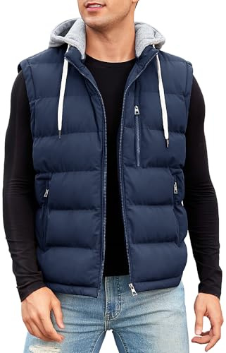 CMTOP Chaleco Hombre con Capucha Repelente al Agua Chalecos, Cálido Invierno Gilet con Cremallera Ligero Térmico Chaqueta Sin Mangas BodyWarmer Vest con Multibolsillos(Azul Marino,L)