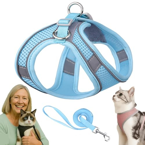 Katzengeschirr, Katzengeschirr Mit Leine Ausbruchsicher, Atmungsaktive Bequemes, Mit Reflektierenden Streifen, Geeignet FüR Katzen Und Hunde (Blau,XS)