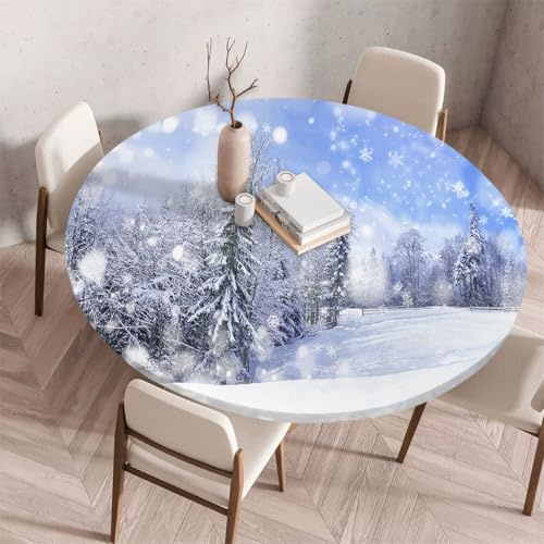 FANSU Tischdecke Outdoor Wetterfest Rund mit Gummizug, Rund Tischdecke mit 3D Muster Waschbar und Abwischbar für Esstisch, Couchtisch, Gartentisch Geeignet (Weißer Winter,120cm)