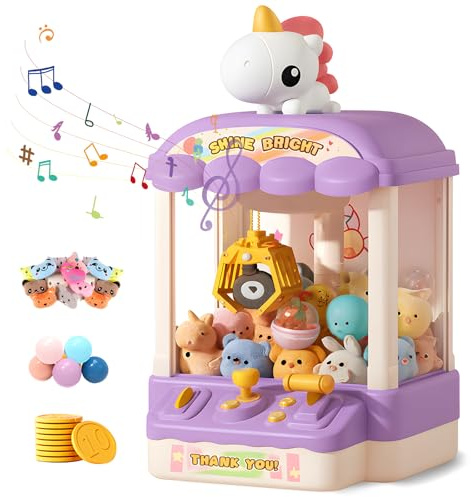Claw Machine for Kids, Grabber Machine Fun Toy, Unicorn-Themed Surprise Toy for Girls & Boys, Adjustable Music Sound, Includes 20 Mini Dolls, 10 Gachapons & 15 Coins, Christmas & Birthday Gift, Purple