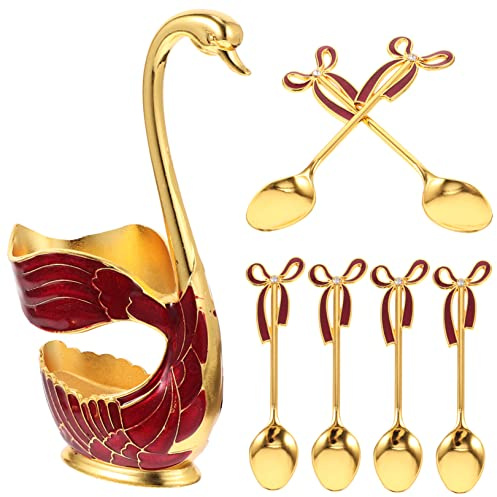 Warmhm Support Cuillère Dessert avec Base Cygne Ensemble Cuillères Moyenne Rouge et Or Porte Original pour Café et Restaurant Rangement Pratique et Décoratif