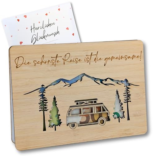 Geldgeschenk Hochzeit Camper | Holz Hochzeitskarte mit Umschlag | Hochzeitsgeschenke für Brautpaar | Bambus Hochzeitsgeschenk | Geld schön verpackt für das Brautpaar | Geschenk Hochzeit