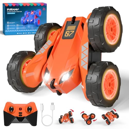 Duales Direktladung Ferngesteuertes Auto,Lädt Auto und Controller über USB,2.4G 360° Drehung Monster Truck mit Buntes LED-Licht,4WD Stunt Spielzeugauto Geschenk für Kinder Jungen Mädchen ab 3-12 Jahre