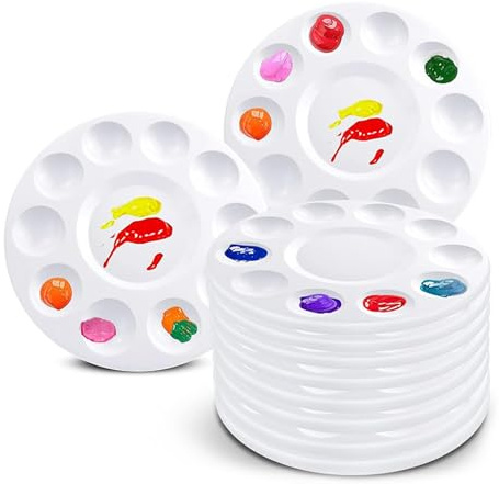 Paint Tray, Paint Palette, Mixing Palette, Round Paint Palette for Acrylic Watercolor Oil Gouache or DIY Party, Plastic Paint Tray Palette 6.5inch with 10 Wells and 1 Central Reservoir, 10 Pcs