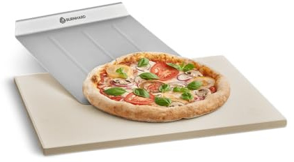 BURNHARD® Pizzastein Set 45x35 cm, Cordierit, mit Edelstahl-Schieber | Extra krosses Backergebnis, hitzebeständig, Edelstahl-Schaufel, für Backofen & Grill, 45x35 cm, Zubehör-Set