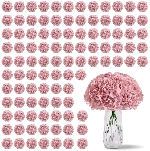 KISLOHUM 80 PCS Dusty Rose Pink Hydrangea Artificial Flowers, Dusty Pink Silk Full Flowers Heads with Stems for Wedding Centerpieces, Home, Garden, Baby Shower, Party Decoration