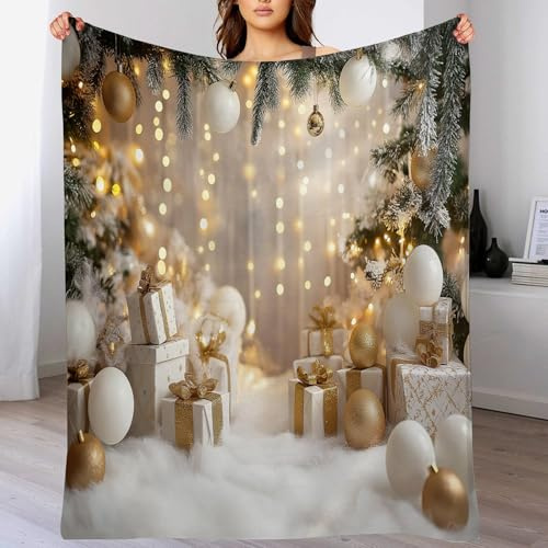 GSAEIMCT Überwurfdecke Weihnachts-Flanelldecke Goldenes Weiß Zweiggeschenk Für Erwachsene,Tagesdecke Sofadecke 3D-Druck Weihnachtskunst Fleecedecke,Sofa,Couch,Schlafzimmer 130X150Cm