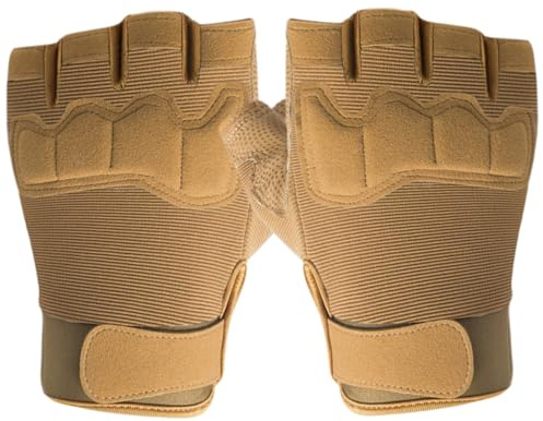 Hperu Halbfinger-Handschuhe, rutschfeste, schützende sandfarbene Fingerlose Handschuhe für Herren mit Befestigungsband, fingerloser Nylon-Handschuh für Outdoor, Camping, Radfahren und Wandern