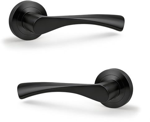 PinLin Matte Black Warped Lever On Rose Door Handles, Twisted Lever Latch Rose Door Handle, Ideal for Internal Wooden Doors for Home and Office