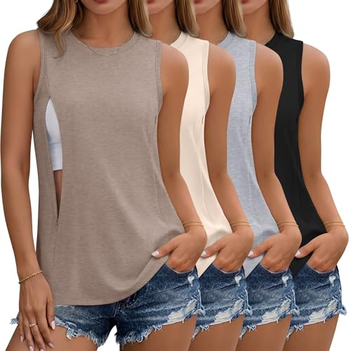 JoyMotion 4 Pack Women's Nursing Tank Tops with Hidden Zippers Breastfeeding Sleeveless Workout Shirts Loose Maternity Tops(Latte, Beige, Smoky Gray, Black,Small)