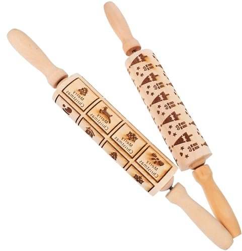 FUNNETOYU Mattarello in Legno Inciso Natalizio 2 Pezzi, Rullo Goffrato per Pasta e Biscotti, Accessorio da Cucina per Dolci di Natale con Motivi in Rilievo, Utensile per Cottura