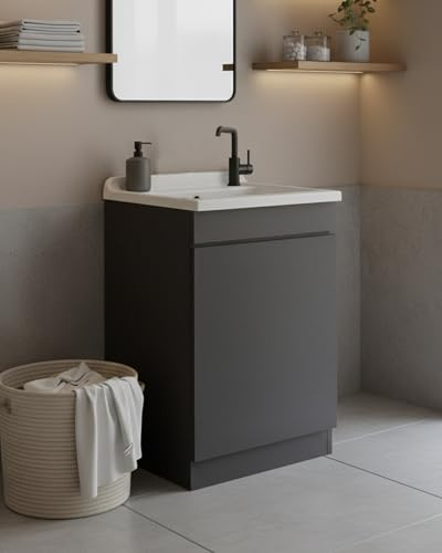 Delmar Mobile Lavatoio in Legno Nobilitato, Grigio, 60x45 cm Altezza 85 cm, Con Sportello Push e Lavabo Pila Pilozzo in Resina, Made in Italy, Già Montato per Bagno e Lavanderia