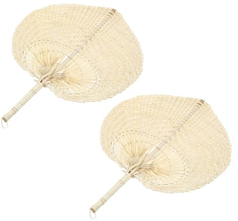Luxshiny 2pcs Handmade Woven Straw Summer Fans with Palm Leaf Blades, Lightweight Handheld Hand Fans for Wedding Decoration and Photography Props, Traditional Chinese Wall Décor