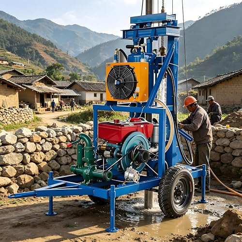 Plate-forme de forage hydraulique portable à roues de 150 m, machine de forage de puits pour projets de puits d'eau dans le jardin, irrigation de petite ferme familiale et approvisionnement en eau à